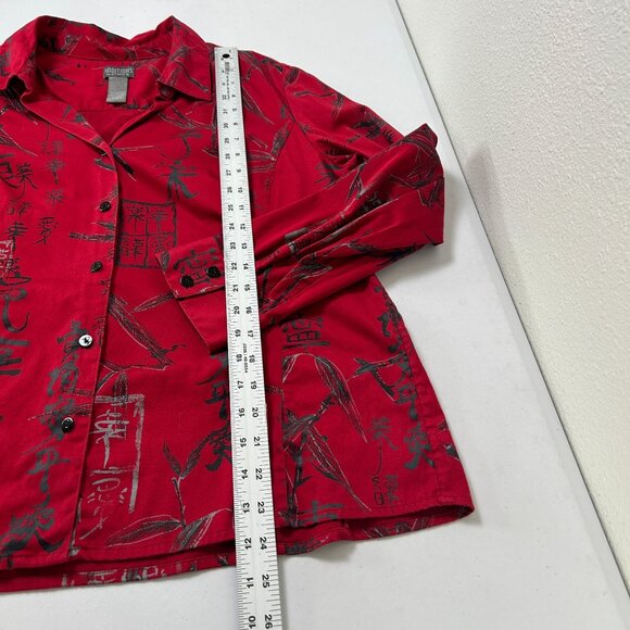 Additions By Chicos Button Up Top Size L 2 Red Black Mandarin Asian Script Print - Picture 11 of 12